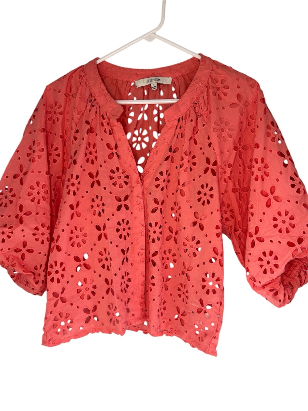 Joe's Broderie Eyelet Lace Puff Sleeve Blouse Top Coral Medium